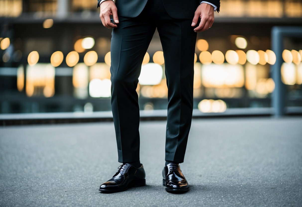 A sleek, black suit jacket and pants paired with polished, black leather shoes