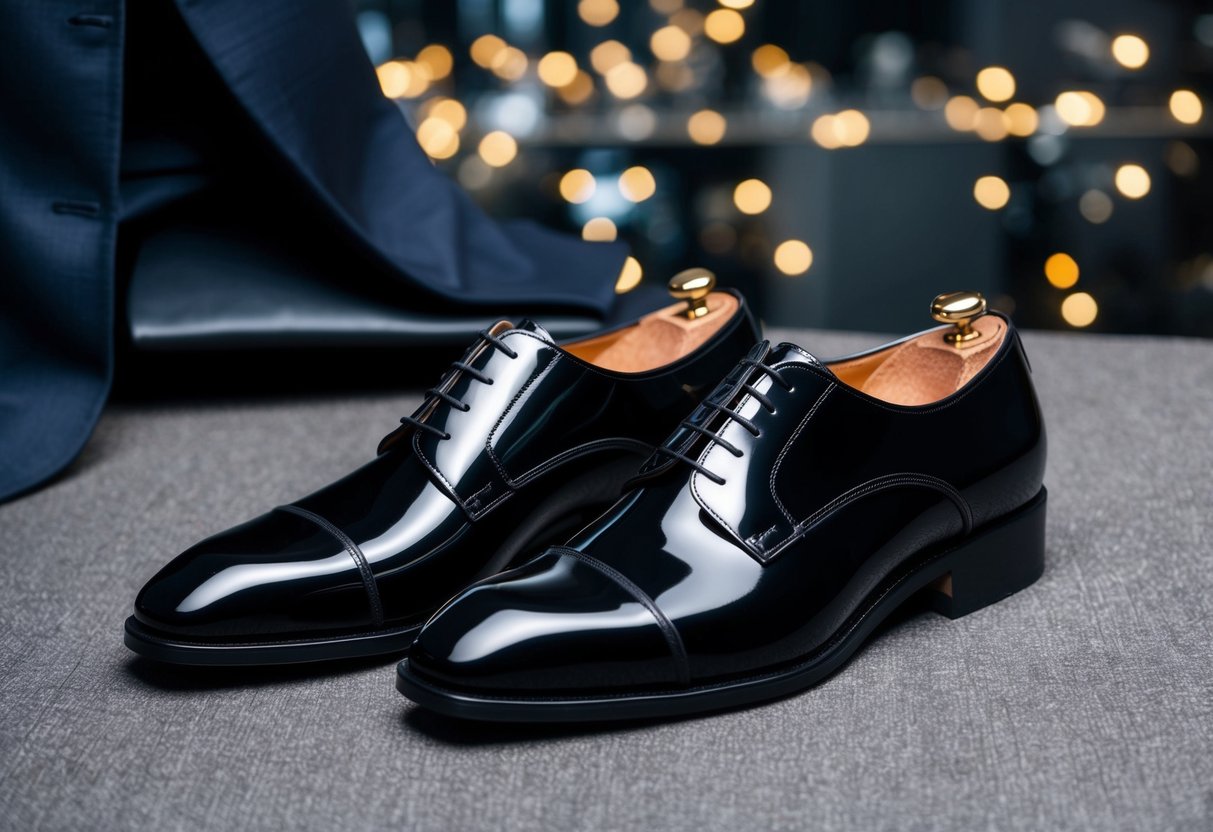 A pair of glossy black dress shoes placed next to a tailored suit, showcasing the impact of shiny materials on elegance