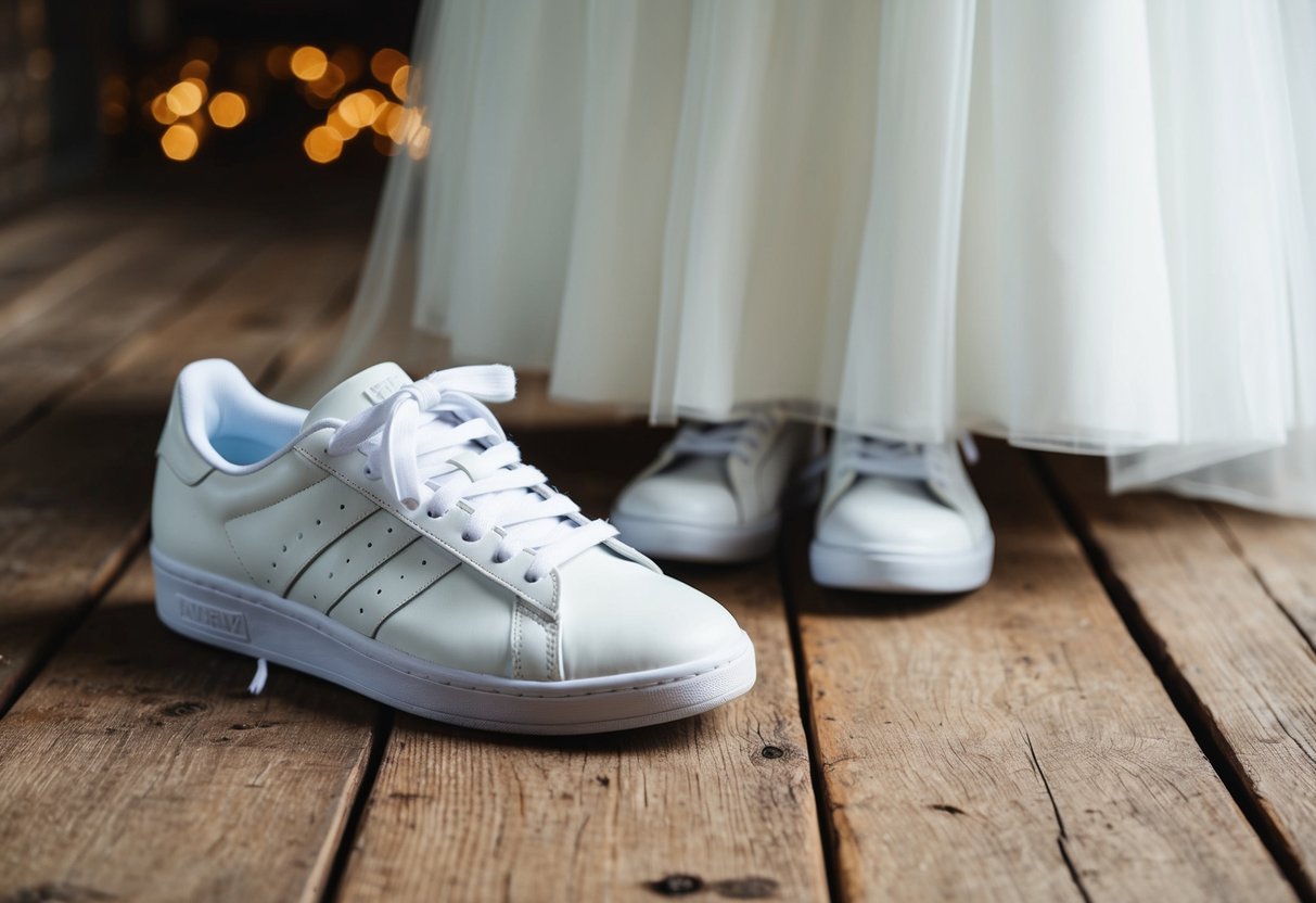 A wedding dress paired with white trainers on a rustic wooden floor
