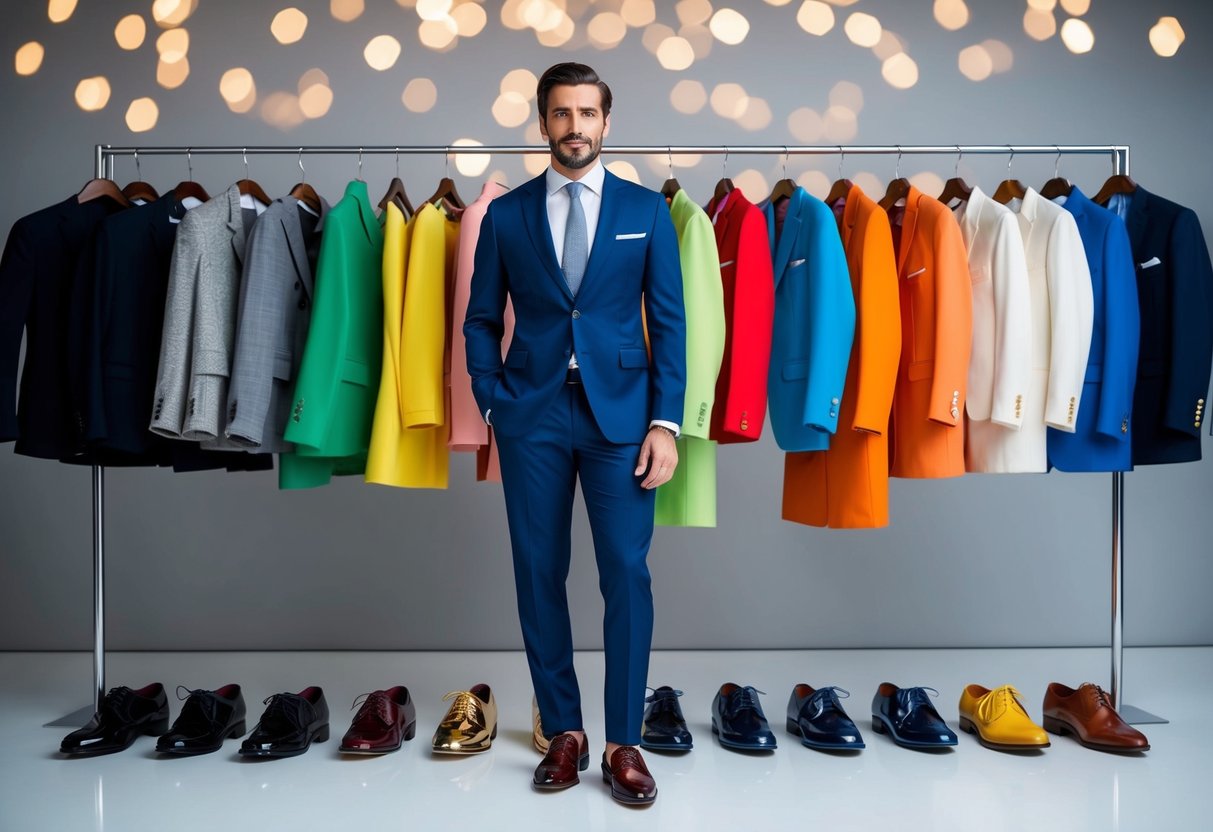 A well-dressed man stands in front of a row of colorful outfits, each paired with a different style of shiny shoe