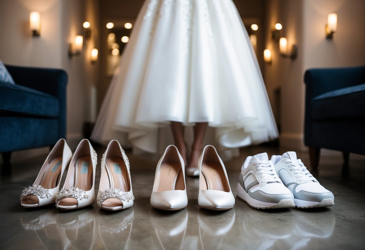 A bride stands in front of a row of different footwear options, including elegant heels, delicate flats, and a pair of trendy white trainers, contemplating which would be the perfect match for her wedding dress