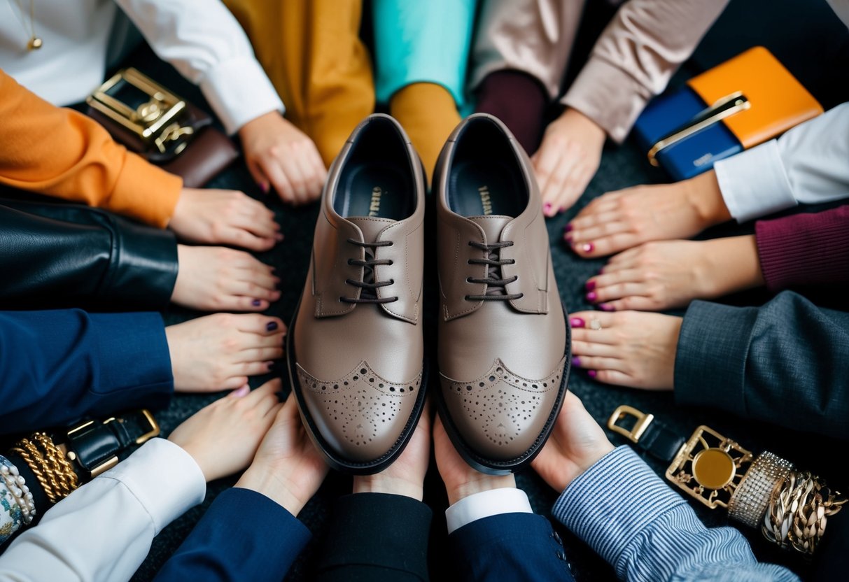 A pair of taupe shoes surrounded by various colored clothing and accessories, suggesting versatility