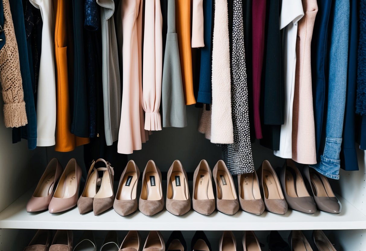 A closet filled with various outfits, all paired with taupe shoes, showcasing their versatility with different styles and colors