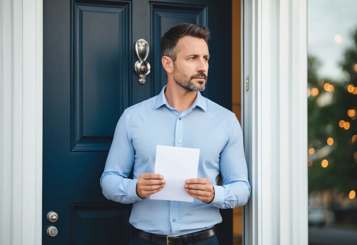 A man standing outside a closed door, holding a letter and looking contemplative