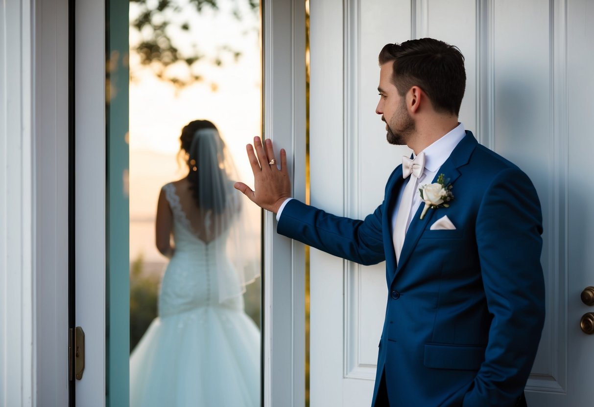 A groom stands outside a closed door, hand reaching out as if to open it. The bride's silhouette is visible through the frosted glass