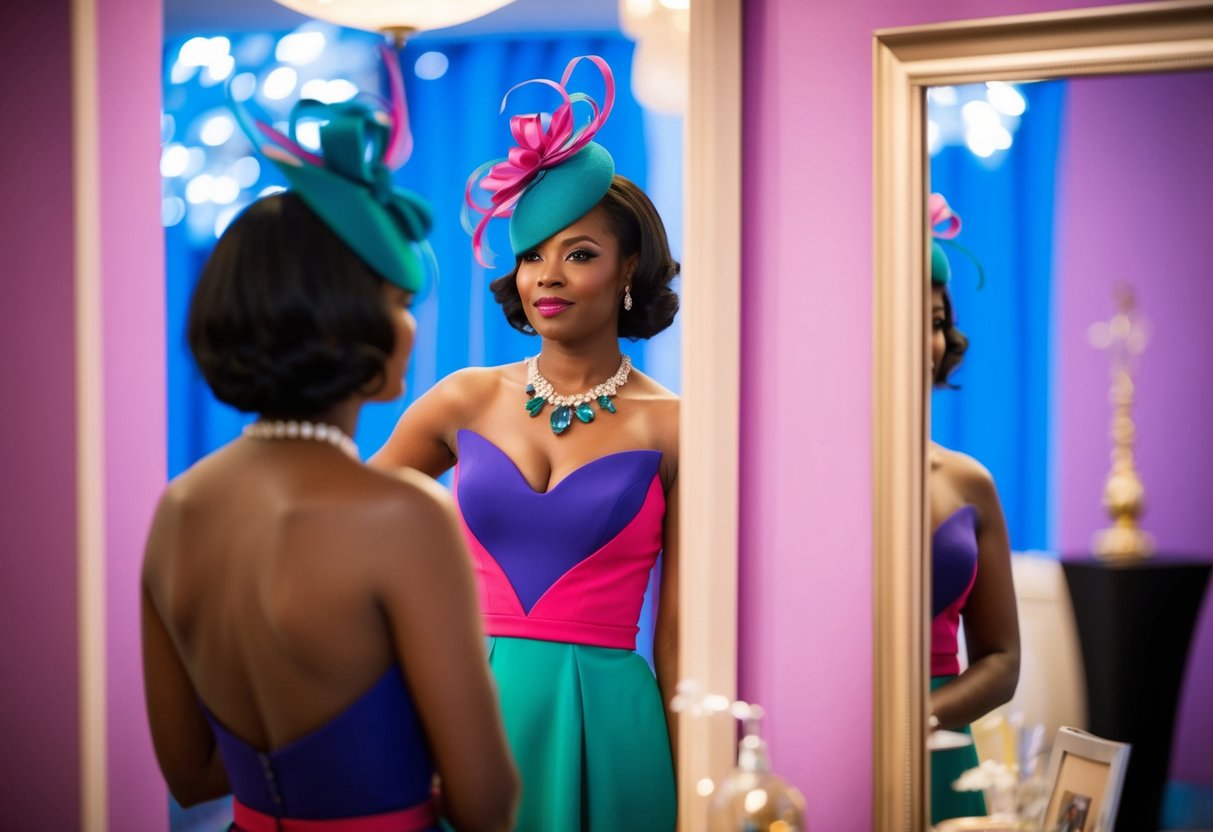 A woman in a vibrant dress and matching fascinator stands in front of a mirror, contemplating the color coordination