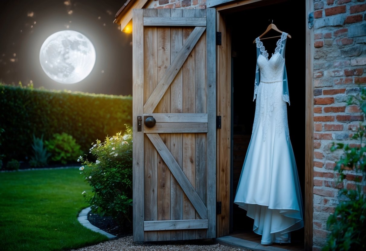A moonlit garden, a rustic wooden door ajar, revealing a glimpse of a flowing white gown and delicate lace veil hanging in anticipation