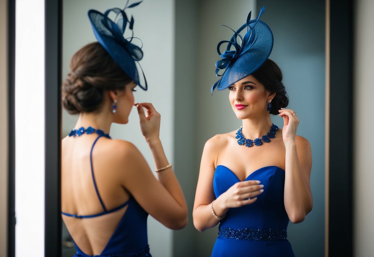 A woman wearing a matching fascinator and dress, standing in front of a mirror, carefully examining her outfit
