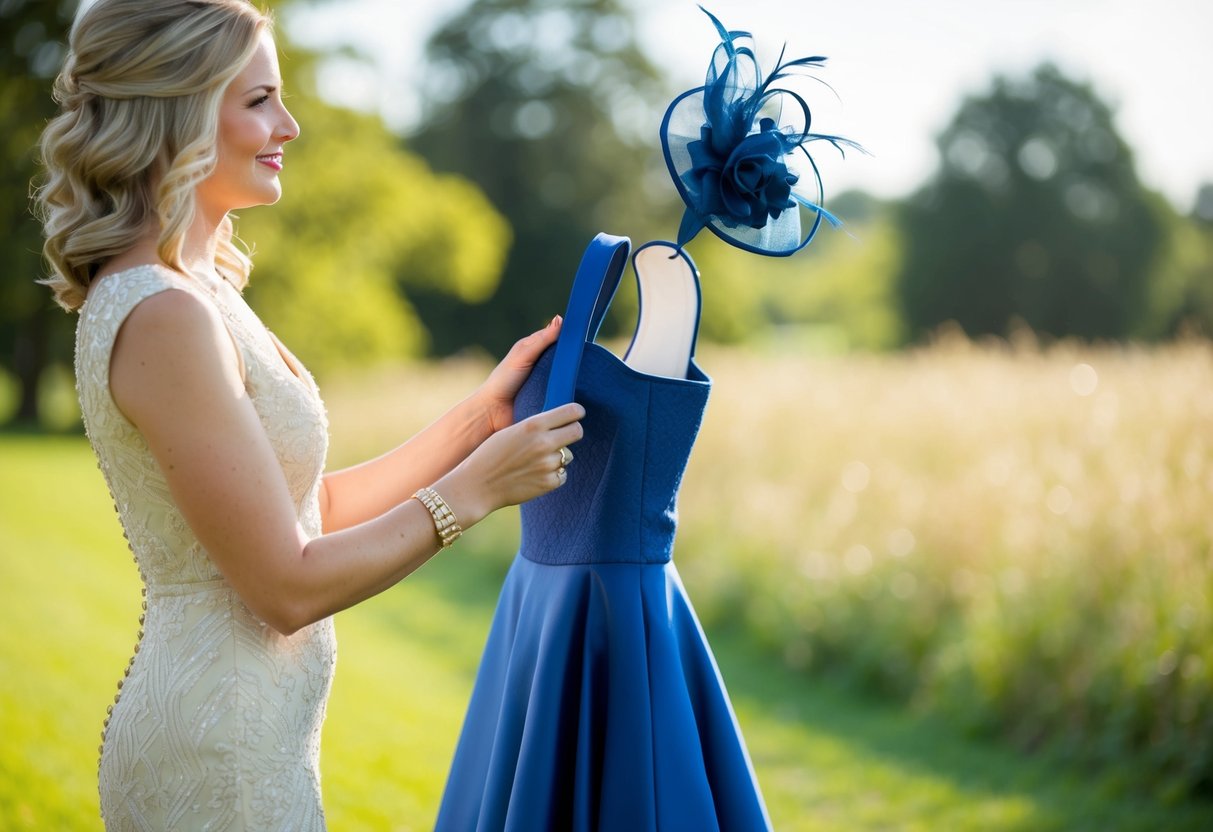A woman holding a dress in one hand and a fascinator in the other, comparing the colors under natural light
