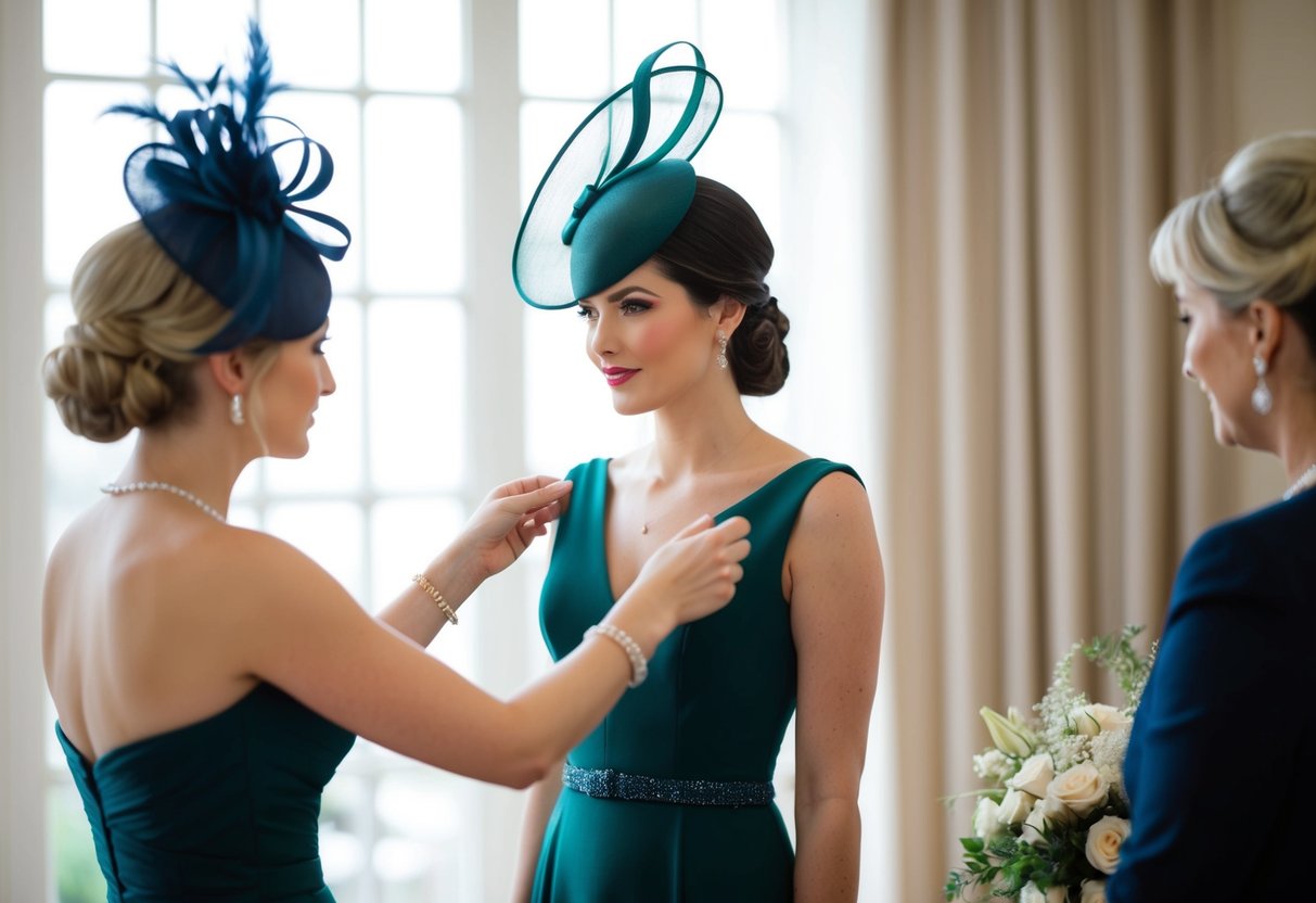 A woman in a elegant dress with a matching fascinator, deciding if it should be the same color or a contrasting one