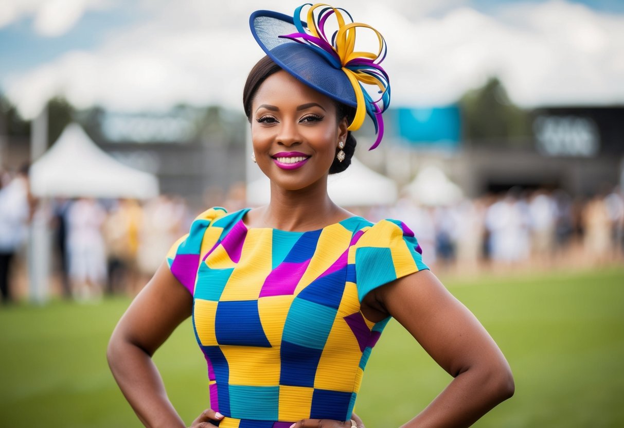 A woman wearing a colorful dress and a matching fascinator, standing confidently with a smile