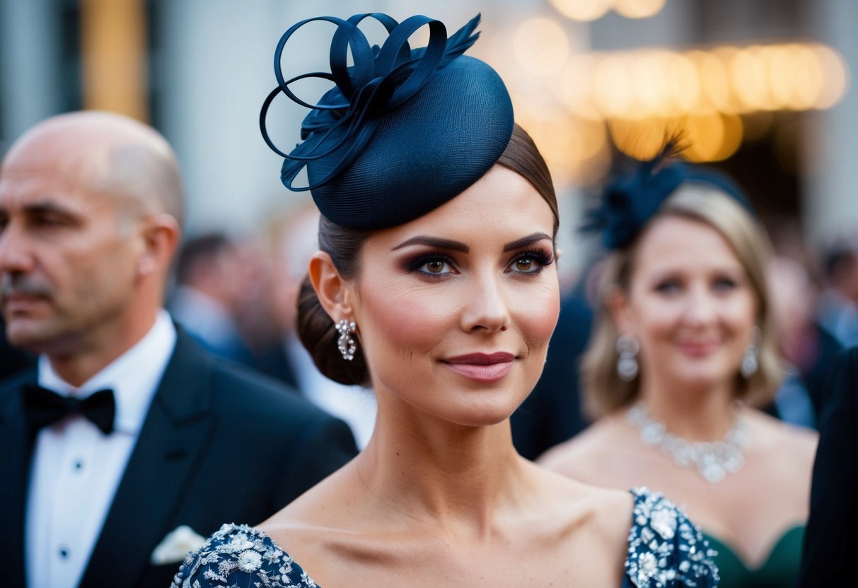 A woman with a sleek updo wearing a fascinator at a formal event