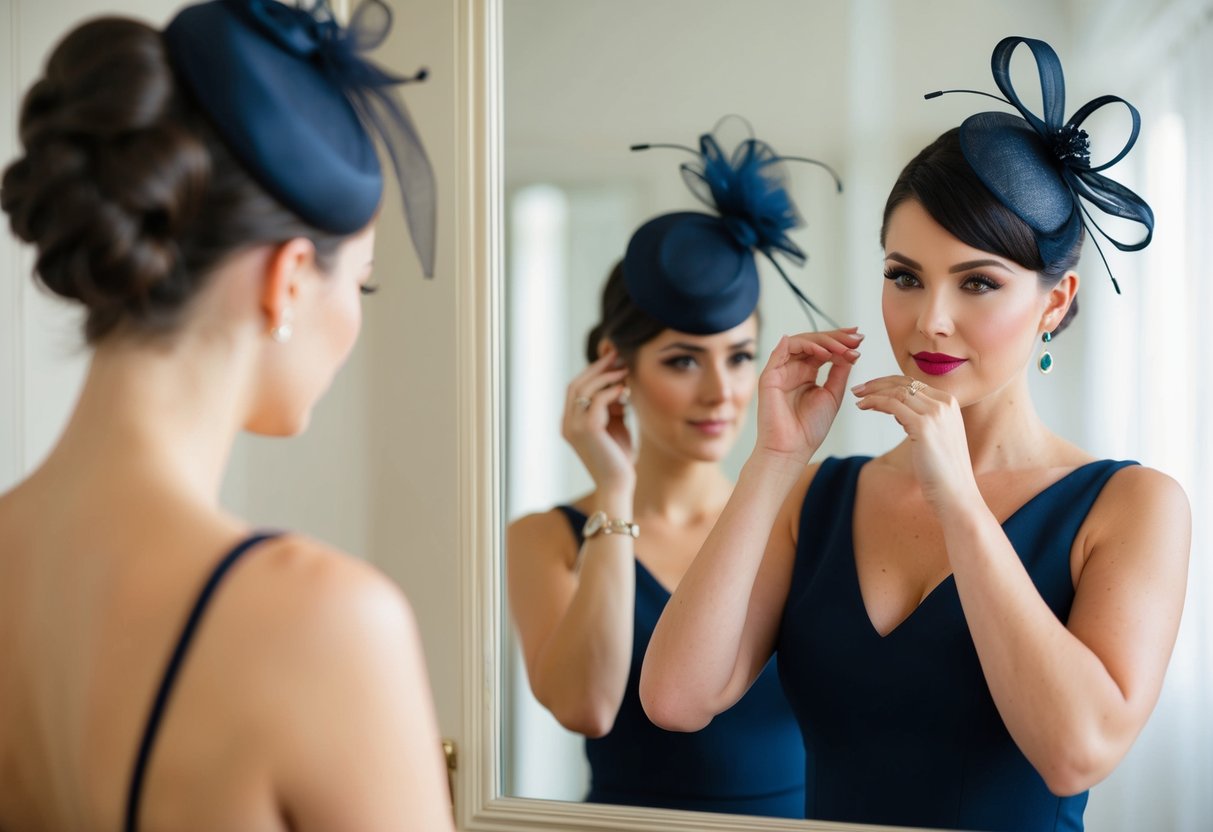 A woman with a sleek updo tries on various fascinators in front of a mirror, carefully considering which one complements her hairstyle