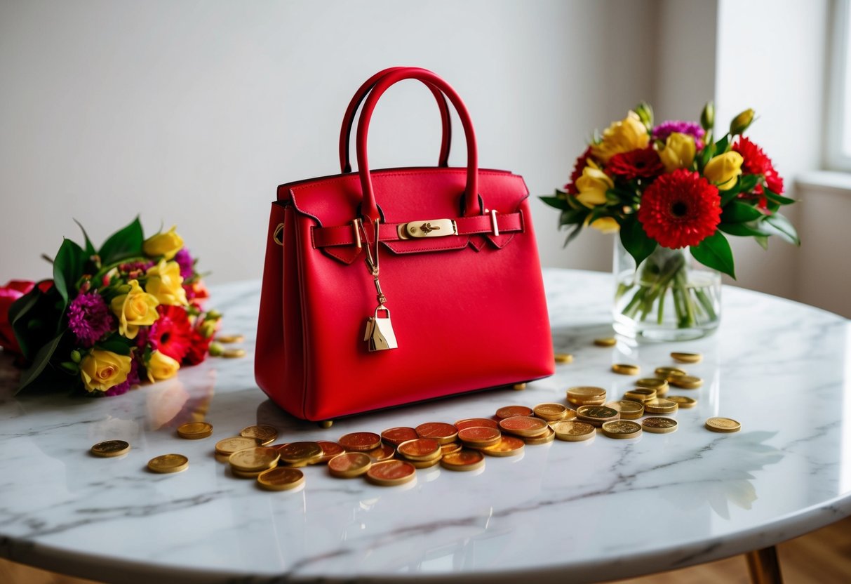 A vibrant red handbag sits on a white marble table, surrounded by scattered gold coins and a bouquet of fresh flowers