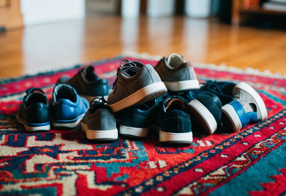 A pile of mismatched shoes scattered on a colorful rug