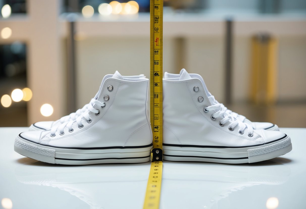 A pair of white and black shoes side by side on a clean, white surface, with a measuring tape next to them to indicate height