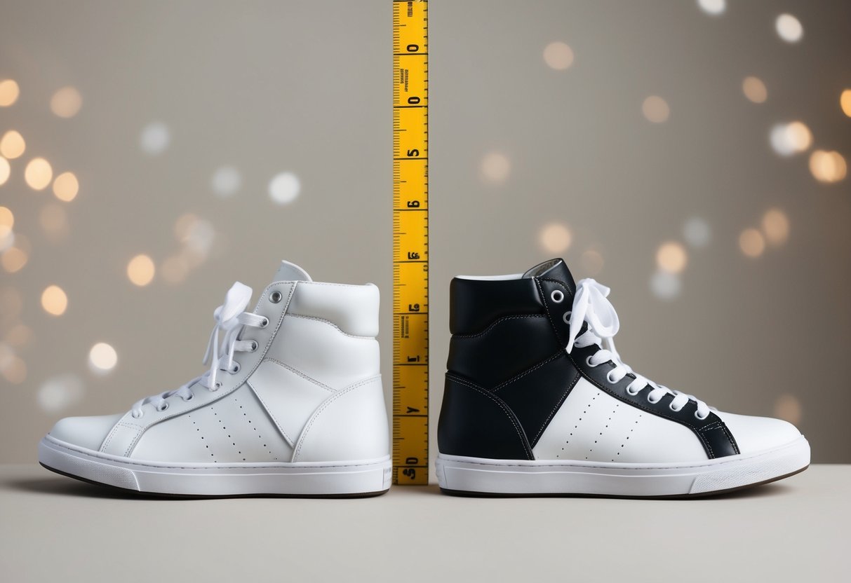 A pair of white and black shoes side by side on a neutral background, with a ruler or measuring tape nearby to indicate height comparison