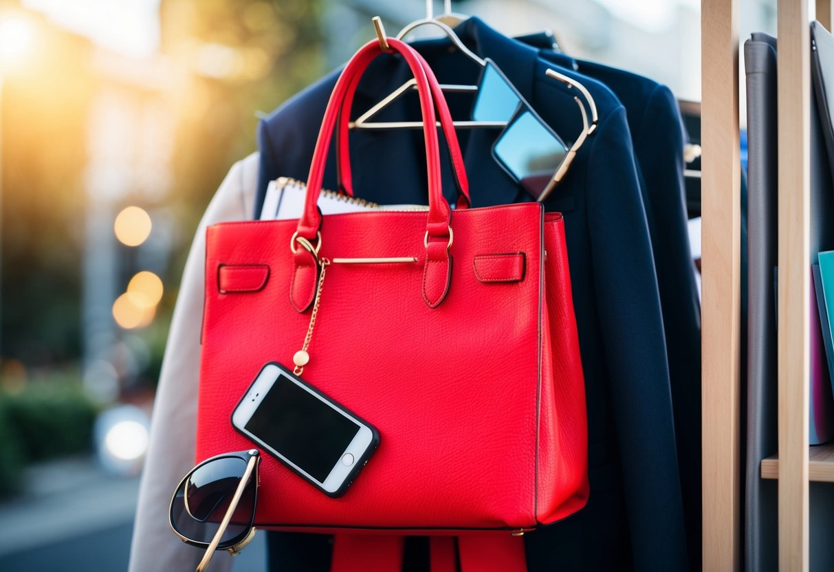 A vibrant red handbag hanging from a coat hook, surrounded by a variety of items such as a notebook, sunglasses, and a phone