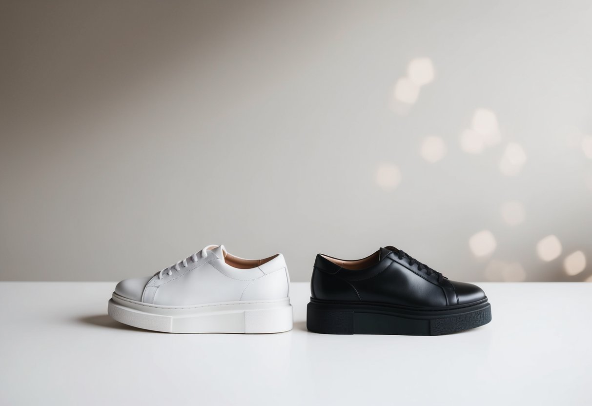 A pair of white and black shoes side by side on a clean, neutral background. The white shoes have a slightly thicker sole than the black ones