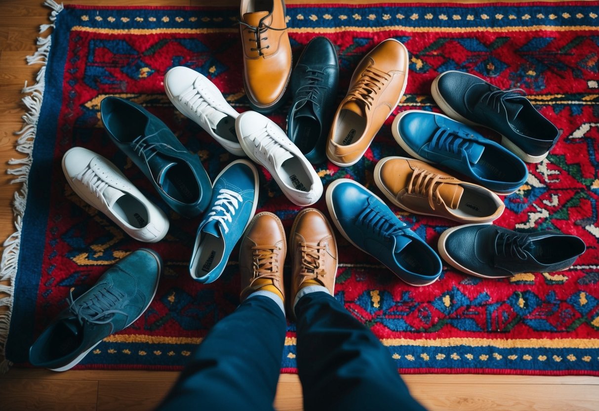 A pile of assorted shoes scattered on a colorful rug, with one of each pair worn on a person's feet
