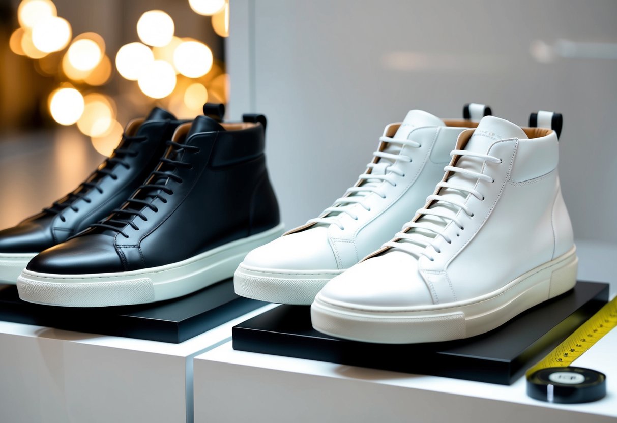 A pair of white and black shoes side by side on a sleek, modern display stand, with a measuring tape nearby