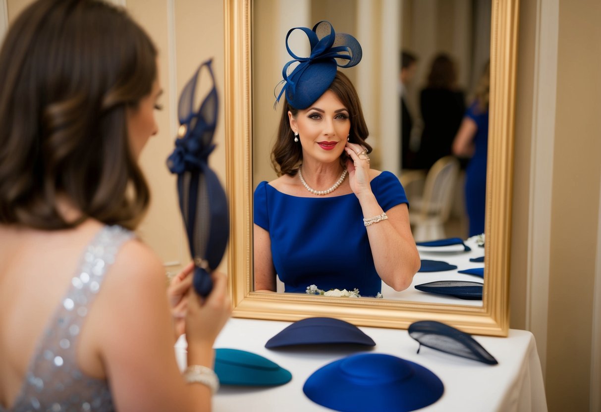 A woman at a formal event, deciding which side to wear her fascinator, looking in a mirror with various options laid out on a table
