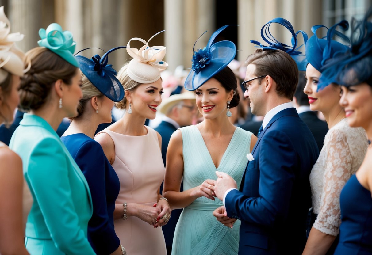 A group of elegantly dressed individuals gather, some wearing fascinators on the left, others on the right. They chat and compare their stylish headpieces