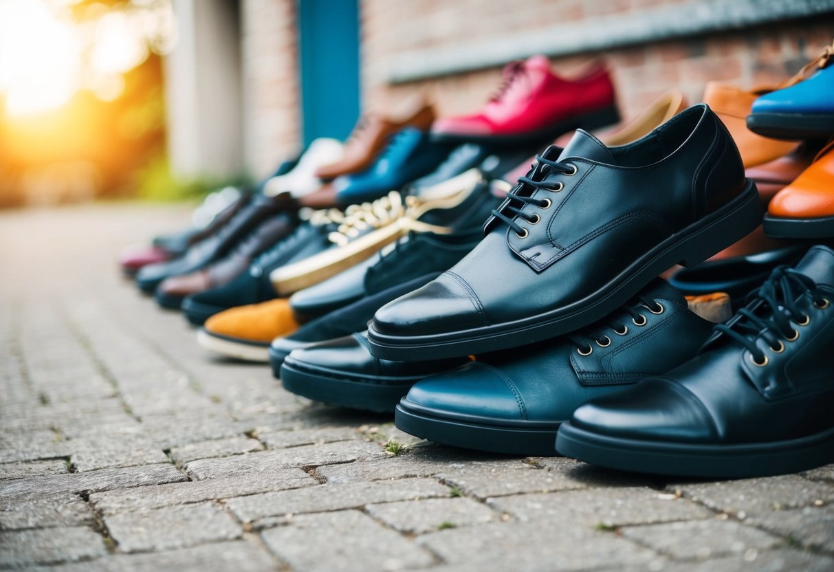 A pile of various colored shoes, with a majority of them being black