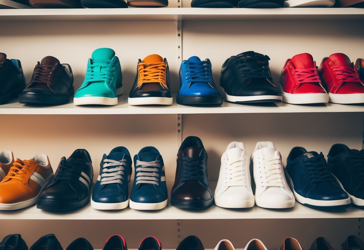 A collection of various shoe types in common colors displayed on shelves