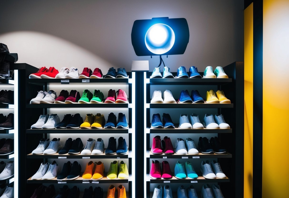 A display of various shoe colors arranged neatly on shelves, with a spotlight highlighting the most popular color