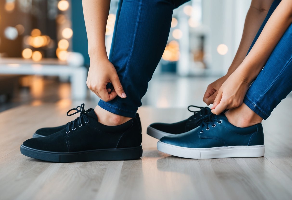 A person trying on two different sizes of shoes, comparing the fit and comfort of each