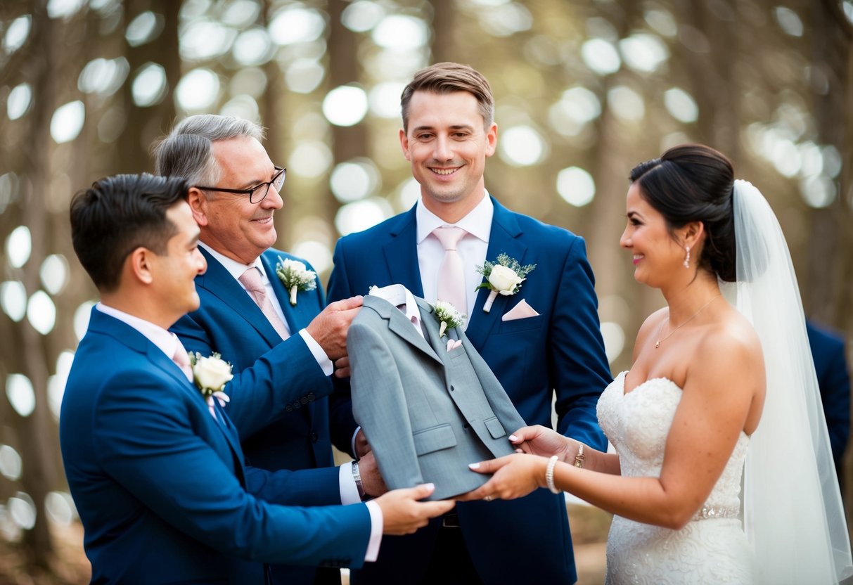 The bride's family presents a suit to the groom, symbolizing their contribution to the wedding expenses