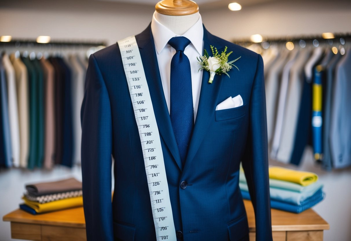 A well-dressed groom's suit hanging on a tailor's mannequin, surrounded by fabric swatches and measuring tape