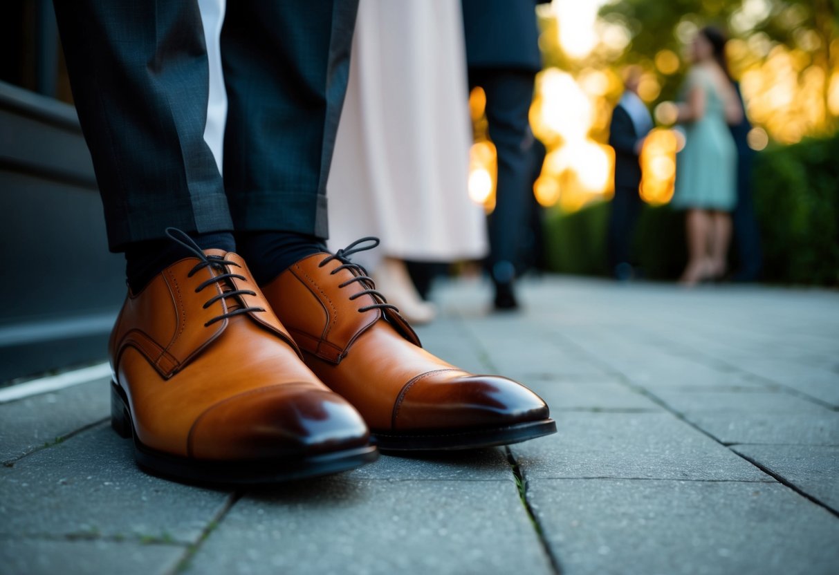 A pair of brown shoes left outside a formal event