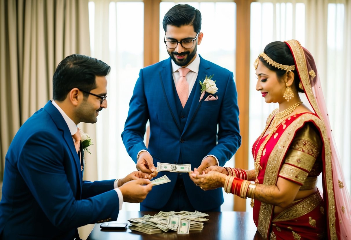 A bride's family hands over money to a tailor for a groom's suit