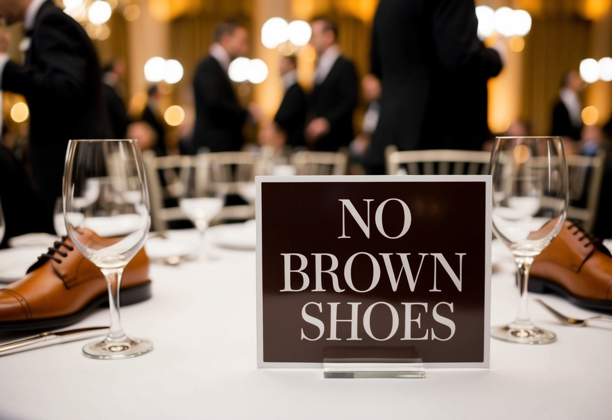 A formal event with a sign indicating "No Brown Shoes Allowed."