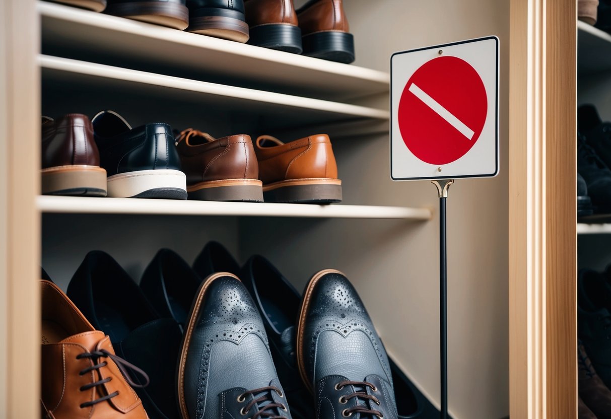 A closet with various shoe styles and materials. A sign with a red circle and line over brown shoes