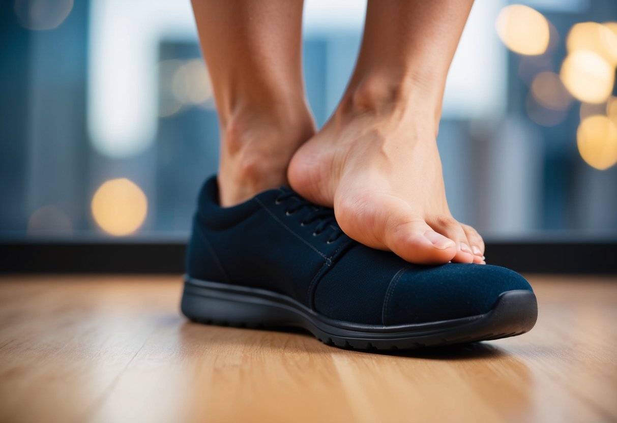 A foot in a snug shoe with toes pressed against the front, causing discomfort and potential health issues