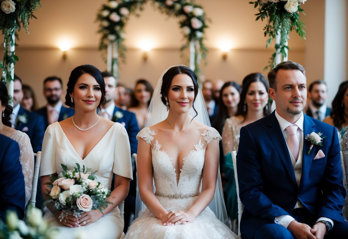 A woman in an elegant dress is seated in the front row at a wedding, surrounded by floral decorations and soft lighting