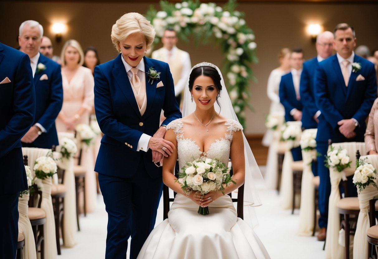 A woman in elegant attire is escorted to her seat at the front of the wedding venue, where she is seated before the wedding processional begins