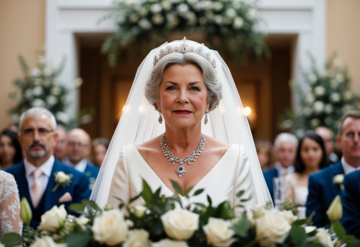A regal mother seated at the front of a wedding, surrounded by elegant decor and a sense of importance