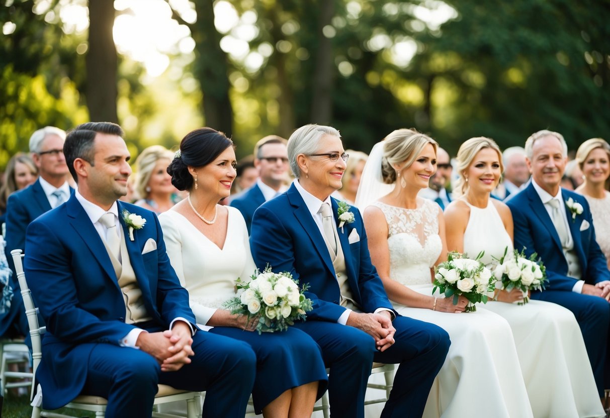 Two families seated at a wedding. The groom's mother is seated first, followed by the bride's family