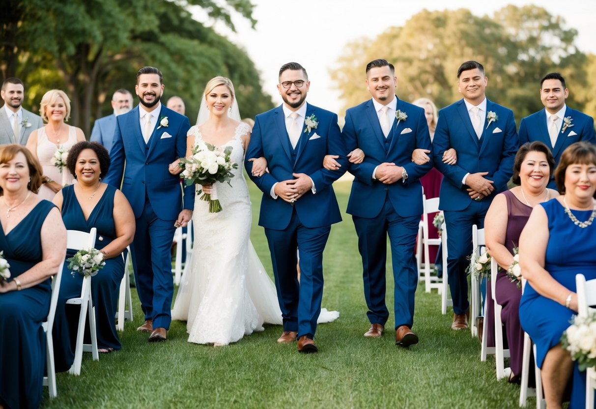 A diverse group of couples walk down the aisle, each accompanied by their mother. The mothers are seated in the front row, beaming with pride