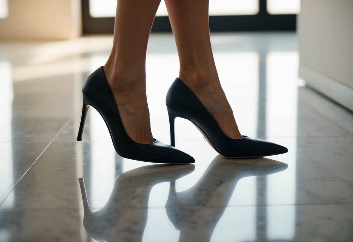 A pair of sleek, pointed-toe heels glides gracefully across a polished marble floor, exuding confidence and elegance with each step