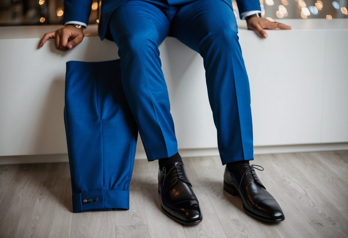 A blue suit jacket and pants paired with black dress shoes