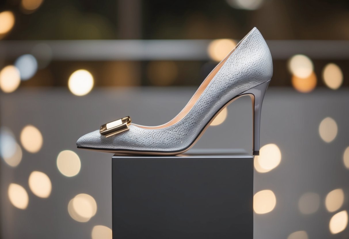 An elegant shoe with a sleek, modern pedestal