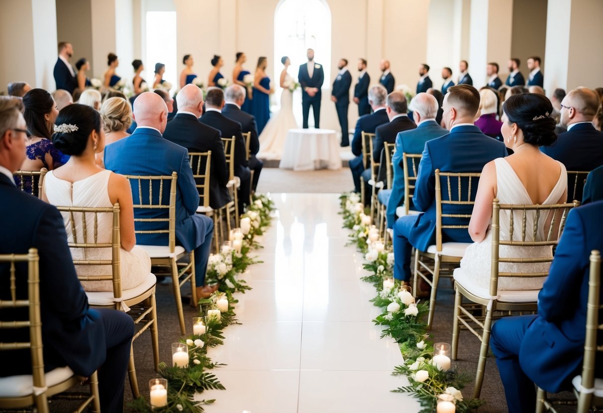 Guests seated in rows facing an altar or ceremony space, with an aisle down the middle. Decorated chairs may be arranged in a specific order based on the couple's preferences