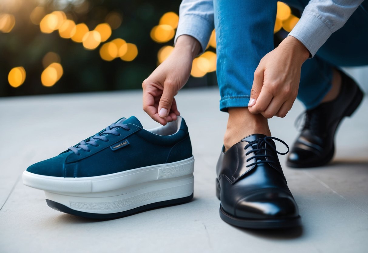 A person comparing a regular-sized shoe to a larger shoe, with a thoughtful expression