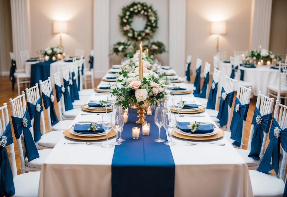 A long white table adorned with floral centerpieces and elegant place settings, surrounded by chairs with decorative sashes