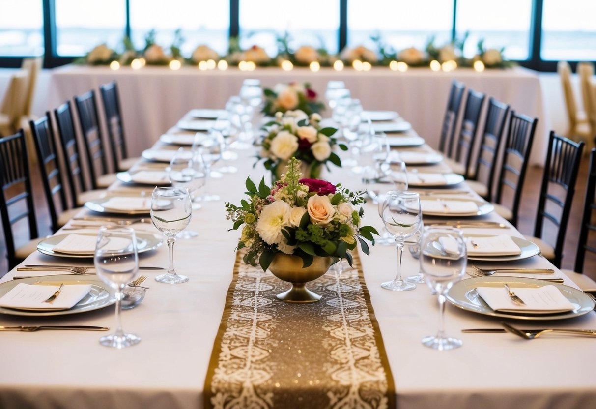 A long, rectangular table with elegant place settings, floral centerpieces, and decorative table runners